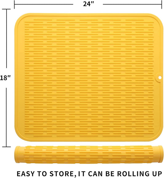 Silicone Dish Drying Mat for Multiple Usage,Easy clean,Eco-friendly,Heat-resistant Silicone Mat for Kitchen Counter or Sink,Refrigerator or Drawer Liner Yellow 2XL 24 inches x 18 inches