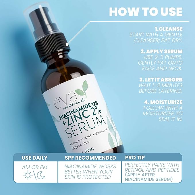 Eva Naturals Niacinamide 12% + Zinc Serum for Face – Dark Spot Remover, Pore Minimizer, Redness Relief, Hydrating Vitamin B3 with Botanical Hyaluronic Acid, Anti-Aging Facial Serum for Clear Skin