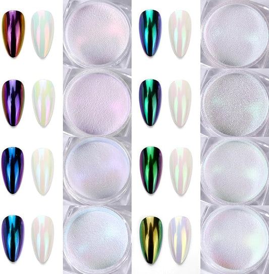 Laza Chameleon Chrome Nail Powder, 8 Colors Glazed Donut Nails Metallic Mirror Effect Pigment, Iridescent Aurora Nail Glitter Holographic Dust Kit for Gel Nail Art Decoration, Gifts - Colorful Peacock