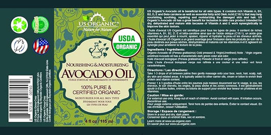 US Organic Avocado Oil Unrefined Virgin, USDA Certified Organic, 100% Pure & Natural, Cold Pressed, in Amber Glass Bottle w/Glass Eye dropper for Easy Application (4 oz (Large))