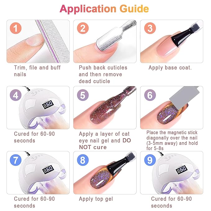 RARJSM 9D Chameleon Glass Cat Eye Gel Nail Polish Set 6Pcs Pink Purple Blue Green Yellow Multi Color Cateye Galaxy Shimmer Gradient Effect with Magnetic Stick UV LED Curing Require Home Salon