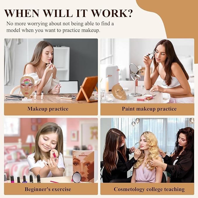 Make Up Practice Face, Face Painting Mannequin Head with Stand, 5D Reusable Silicone Face Practice Board, Mannequin Head for Makeup with Makeup Kit, Practice Face for Makeup Artist & Beginner, Brown