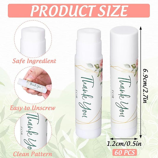 Whaline 60Pcs Thank You Gift Lip Balm Bulk Wedding Lip Balms Vanilla Flavor Floral Moisturizing Lip Care Guest Basket Gift Stuffer for Bridal Shower Baby Shower Birthday Party Favor Supplies