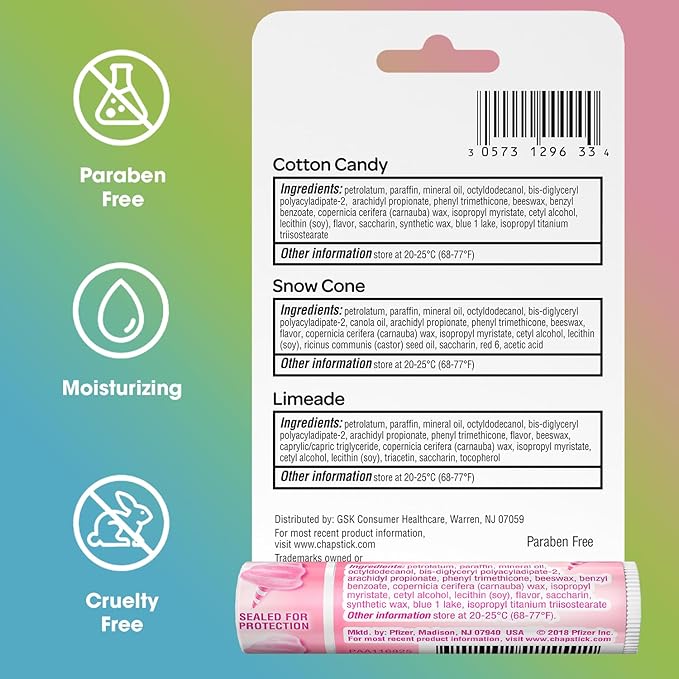 ChapStick Lip Balm, Vacation Getaway Collection (Snow Cone, Limeade, and Cotton Candy) + 2 Cotton Candy, 0.15 Oz Ea (5 Piece Set)
