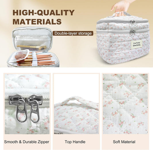 3Pcs Large Travel Quilted Makeup Bag, Double Layer Cute Floral Cotton Toiletry Bag, Aesthetic Flower Cosmetic Bag Coquette Skincare Organizer Bag for Wome (74-PinkFloral)