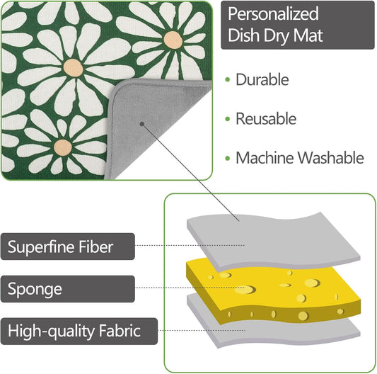 SHIYUE Dish Drying Mat for Kitchen Counter Super Absorbent Spring Kitchen Decor Microfiber Drying Matainers Rack Fast Pad Dish Drainer Mats(Green Flower,18''x24'')