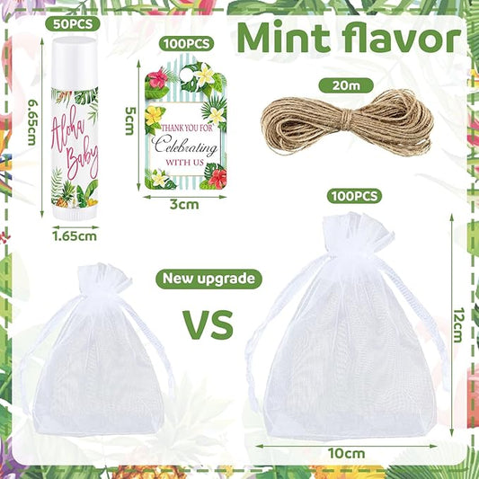 Demissle 50 Pcs Baby Shower Lip Balm Gift Set with 100 Pcs Organza Bags Baby Shower Party Favor for Guest Thank You Tag Rope Baby Shower Party Decoration Gender Reveal Souvenirs (Tropical)