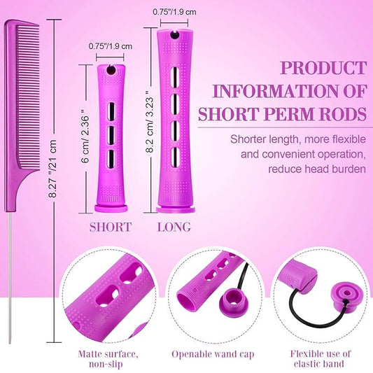 48 Pieces Hair Perm Rods Short Cold Wave Rods Plastic Perming Irons Hair Curling Rollers Curlers with Steel Pintail Comb Rat Tail Comb for Hairdressing Styling Supplies(0.75 Inch,Purple)