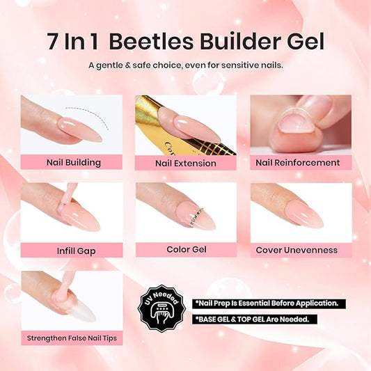Beetles Pink Nude Builder Gel for Nails 7 in 1 Strengthener Gel for Nail Apex & Thickening Nail Extension DIY Salon at Home Beauty Gift Sets for Women Base Coat Top Coat Needed