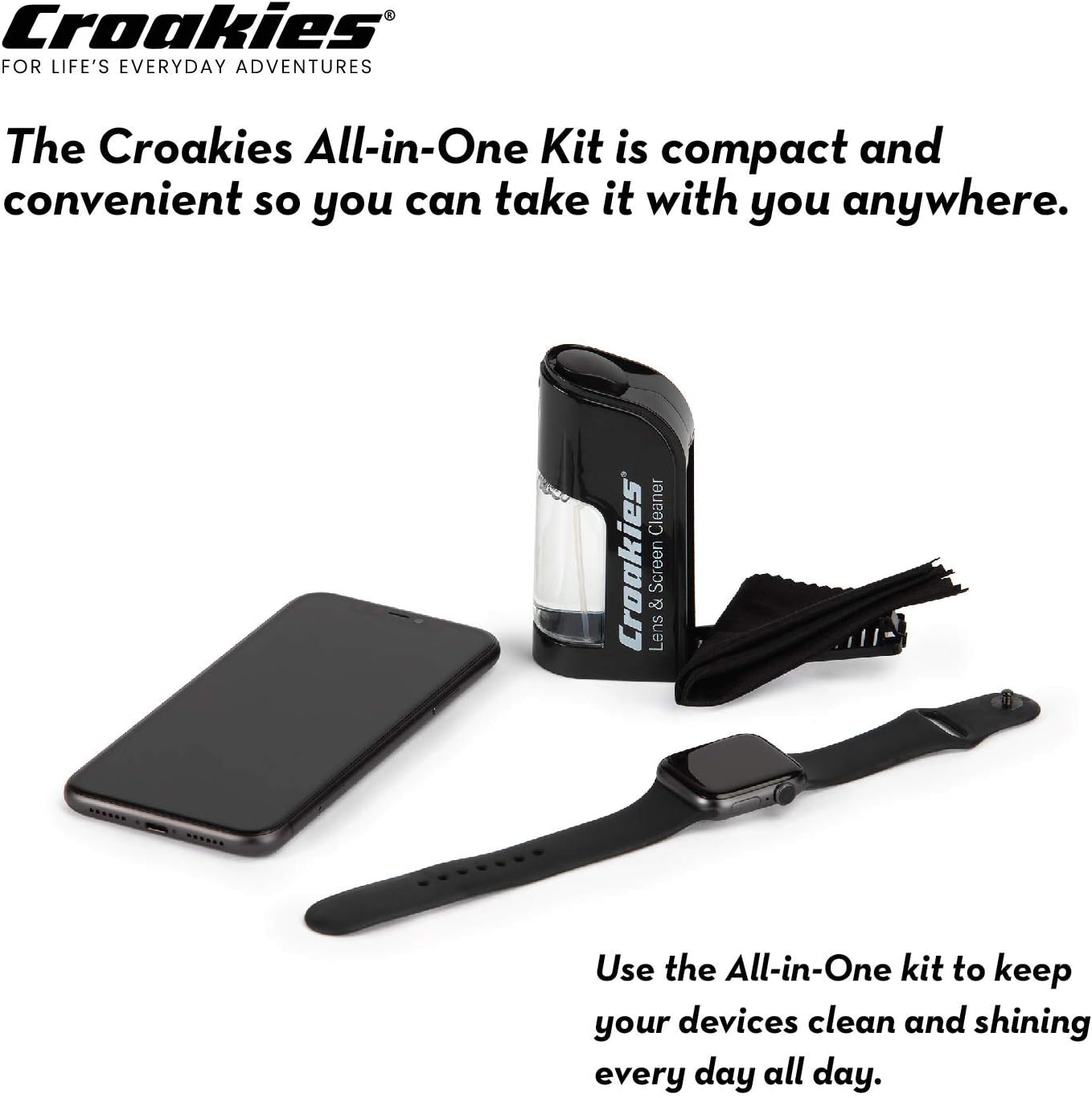 Croakies All-in-one Cleaning Kit | Lens Care Travel Kit with Pump and Microfiber Cloth | All Natural Cleaner for Eyewear and Lenses