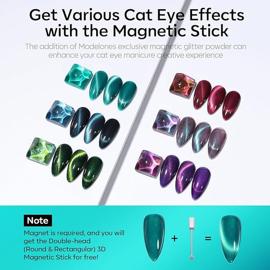 modelones Cat Eye Gel Nail Polish, 6 Colors Glitter Red Green Purple Blue Gel Polish Set with Magnet Sparkle Galaxy Series Nail Gel Polish Kit Soak Off Led Nail Art Manicure Salon DIY Gifts