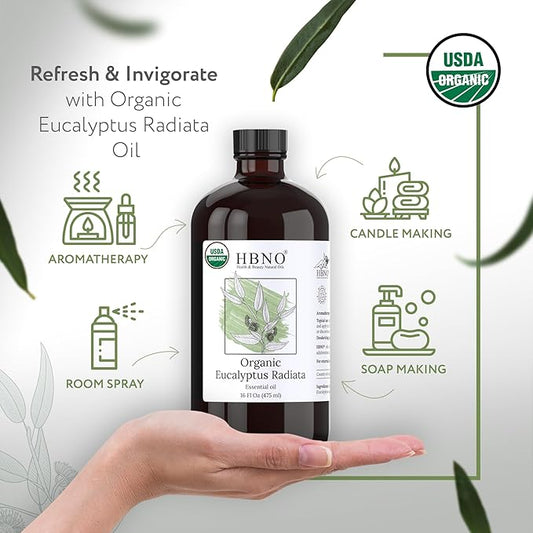 HBNO Organic Eucalyptus Radiata Oil - 16 oz (475ml) Value Size - Ideal for Shampoos, Conditioners, Mouth Washes, Face wash, Lotions, and Skin Care Products