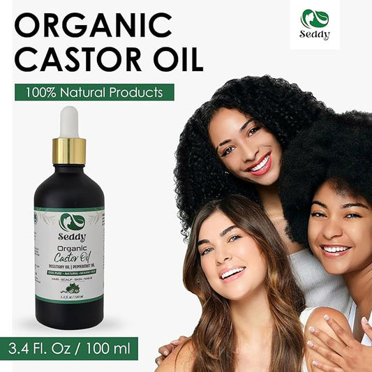 Seddy Organic Castor Oil with Rosemary & Peppermint in Dark Glass Bottle - Cold Pressed | Hexane-Free | Scalp, Hair, Eyelashes, Eyebrows, Skin, & Nails | Hair Treatment Oil - 3.4 Fl. Oz