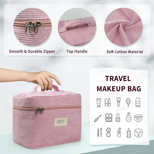 4 Pcs Makeup Bag for Women Corduroy Cosmetic Bag Aesthetic Cute Bags Multi Size Purse Pouch Travel Toiletry Bag Set Makeup Organizer with Zipper(Pink)