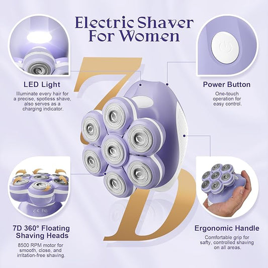 7D Electric Razor for Women: Fast & Painless Full-Body Shaver for Legs & Face – Waterproof Hair Remover with Light & Travel Cover – Wet/Dry Use, Smooth Close Shave, Birthday Mother’s Gift
