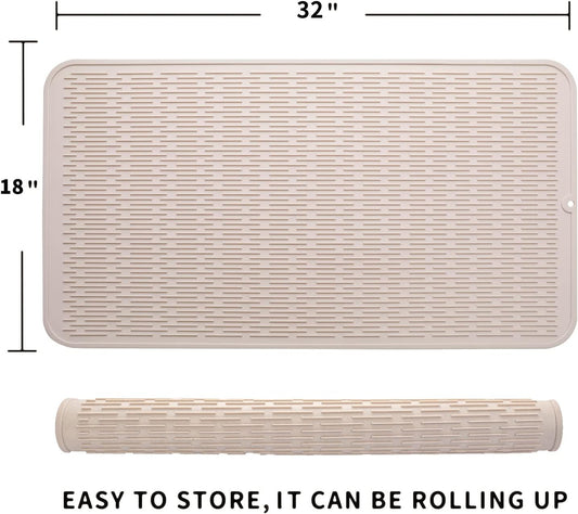Silicone Dish Drying Mat for Multiple Usage,Easy clean,Eco-friendly,Heat-resistant Silicone Mat for Kitchen Counter or Sink,Refrigerator or Drawer Liner Tapioca 4XL 32 inches x 18 inches