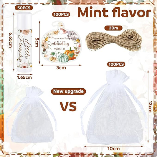 Demissle 50 Pcs Baby Shower Lip Balm Gift Set with 100 Pcs Organza Bags Baby Shower Party Favor for Guest Thank You Tag Rope Baby Shower Party Decoration Gender Reveal Souvenirs (Pumpkin and Flowers)