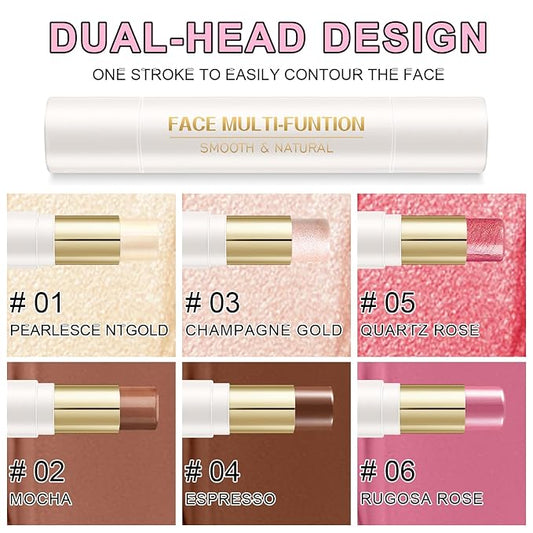 6 Colors Cream Contour Stick Makeup Kit, Shades with Highlighter Stick, Blush Stick and Double-End Bronzer Stick for Sculpt the Cheeks, Waterproof,Dewy & Matte Finish for Beginners (6 COLORS SET B)