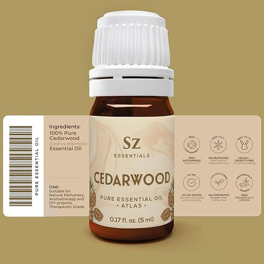 Cedarwood Essential Oil (Cedrus Atlantica) – Therapeutic Grade, 100% Pure & Natural with Soothing Woodsy Aroma for Relaxation, Aromatherapy, Skin Care & Diffuser - 0.17 fl oz. (5ml)