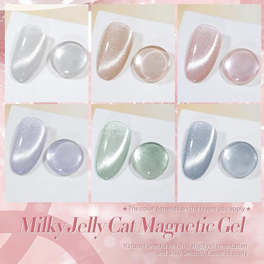 Born Pretty Cat Magnetic Eye Gel Nail Polish, Pastel Milky Jelly Cat Magnetic Gel Pastel Blue Green Purple Pink Nude Silver Nail Art Gel Manicure Salon DIY Gifts 7ML 6PCS