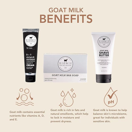 Dionis Goat Milk Skincare Men's Unscented Bath & Body 3pc Gift Set - Blended Shea Butter & Jojoba Oil Shave Butter For Sensitive Skin, Unscented Hydrating Moisturizer & Nourishing Bar Soap For Men