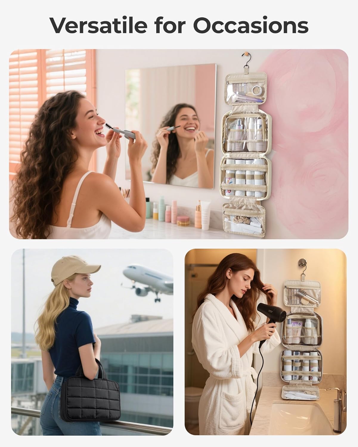 BAGSMART Travel Toiletry Bag for Womne, Hanging Travel Bag for Toiletries, Puffy Makeup Cosmetic Bag Organizer, Carry-on Travel Accessories Essentials, Dark Pink