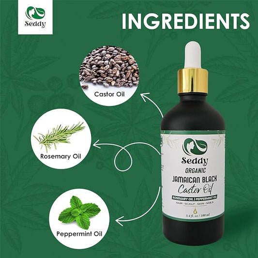 Seddy Organic Jamaican Black Castor Oil - with Rosemary & Peppermint in Glass Bottle - Cold Pressed | Hexane-Free | Promotes Hair Growth | Strengthens Hair | Hair Treatment Oil - 3.4 Fl. Oz