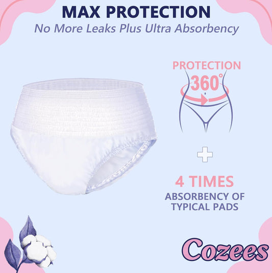 Cozees Disposable Period Underwear for Women, Menstrual and Postpartum High Absorbency, Cotton Covered Comfort, Made in USA (9 Count, Large/X-Large)