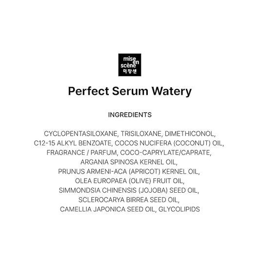 Mise En Scene Perfect Watery Serum for Hair Moisturizing - Korean Hair Argan Oils, Hair Essence for Hydrating with Citrus Scent, Derma Test Completed, 2.70 fl. Oz