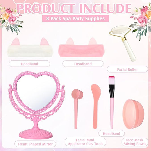 8 Set Spa Party Supplies for Girls Including 8 Heart Shaped Stand Mirrors 8 Jade Roller for Face 8 Face Brushes Kit 8 Face Mask Mixing Bowl 8 Headband for Sleepover Birthday Party Favors