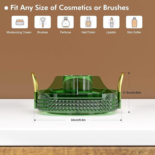 Awenia Rotating Makeup Organizer 360, Stackable Adjustable Large Capacity Cosmetic Storage Unit,Dresser Bathroom Kitchen Countertop Organizer with Metal Handle, Plus Size (Gem Green, 1 Tier)