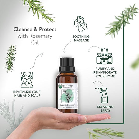 HBNO California Bottled Organic Rosemary Essential Oil 1 fl oz (30ml) - USDA Certified Organic Rosemary Essential Oil for Aromatherapy, Soap Making, DIY, Fragrances, Diffuser