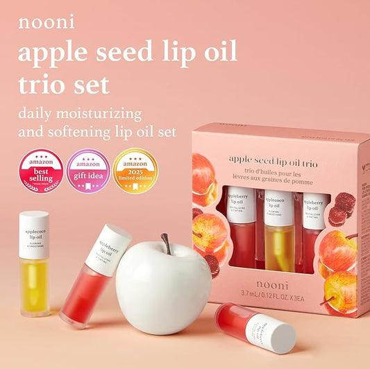 NOONI Korean Lip Oil Gift Set - Appleseed Lip Oil Trio, Tinted Lip Care, Hydrating, Lip Plumping, Long Lasting Moisture, Korean Vegan Makeup for Women, 0.12 Fl Oz x 3ea