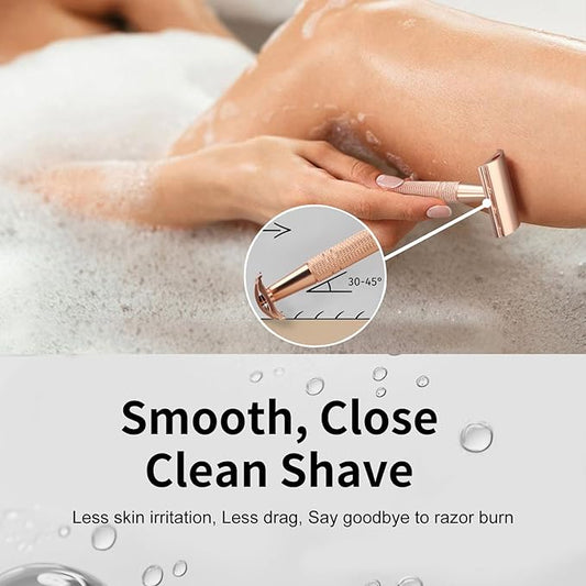Matte Rose Gold Safety Razor, Single Blade Razors for Women, Reusable Metal Razor, with 10 Stainless Steel Double Edge Blades, Eco-friendly, Smooth & Close Shave, Plastic Free