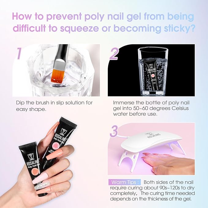 ROSALIND 38PCS Poly Nail Gel Kit with Mini Nail Lamp Glitter Brown Poly Extension Gels Kit Nude Pink Poly Gels Set