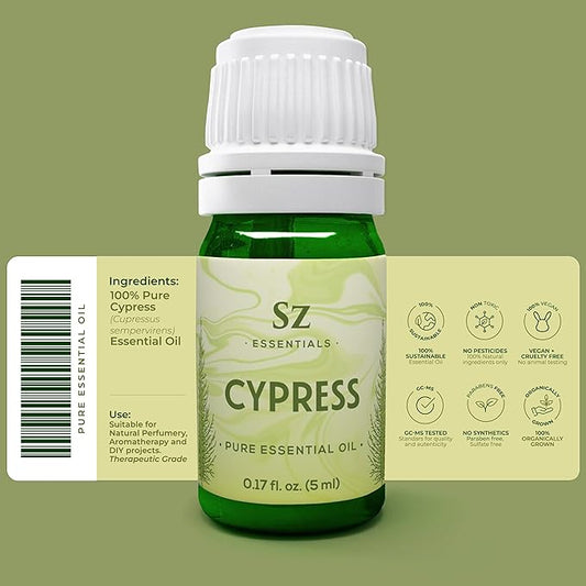 Cypress Essential Oil (Cupressus sempervirens) - 100% Pure & Undiluted - Fresh Crisp & Woody Aroma with Overtones of Earth and Evergreen - Therapeutic Grade and Vegan - 0.17 oz (5ml)