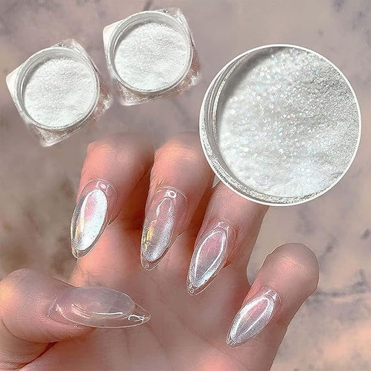 2Pcs Pearl Chrome Nail Powder - Ice Transparent Aurora, White Chameleon Iridescent Pigment for Nails - High Gloss Pearlescent Glitter (2pc White)