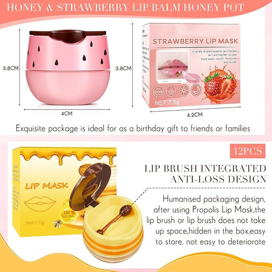 12 Pcs Bee Lip Balm Honey Pot with Brush Propolis Lip Mask Overnight, Moisturizing Hydrating Lip Sleeping Mask Prevention Dry and Cracked(Honey+Strawberry)