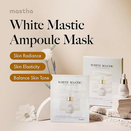 MASTINA White Mastic Ampoule Sheet Mask (4pc) Illuminating, Radiance-Boosting. Ultra-Moisturizing Facial Mask. Intensive Korean Skin Care. Fermented Mastic Gum