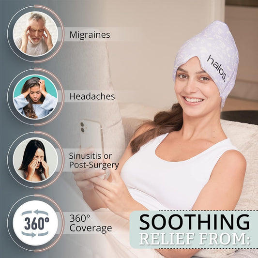 MyHalos® Migraine Relief Cap, 30% Thicker, 2X More Cooling Gel, Stays Colder for Longer, Form Fitting Ice Hat, Ice Pack Head Wrap Relief, Tension Headache Relief Cap (Violet)