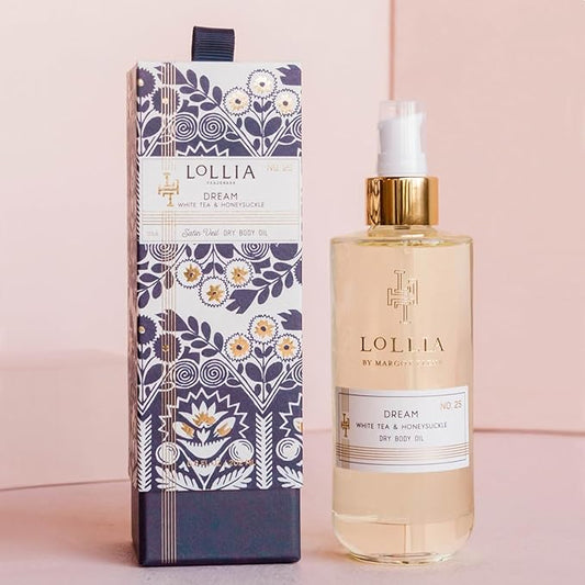 LOLLIA Dream Dry Body Oil, 6.8 Fl. Oz. – White Tea & Honeysuckle – Women’s, Scented, Moisturizing, Dry Body Oil for Women, For All Skin Types