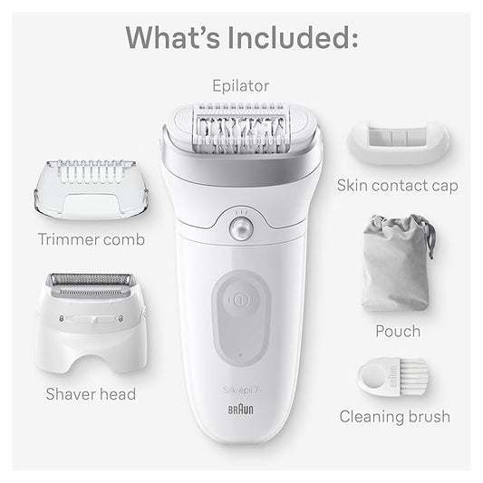 Braun Epilator Silk-épil 7, Hair Removal Device, Women Shaver & Trimmer, Wet and Dry, Wide Head, Includes Shaver Head and Trimmer Comb, SE7-041, Silver