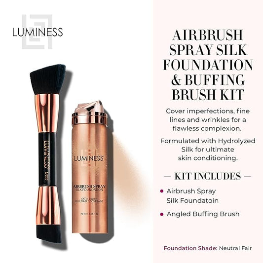 LUMINESS Silk Airbrush Spray Foundation & Buffing Brush Kit – Full Coverage Foundation & Dual-Sided Buffing Brush - Buildable Coverage, Anti-Aging Formula Hydrates & Moisturizes - Neutral Fair