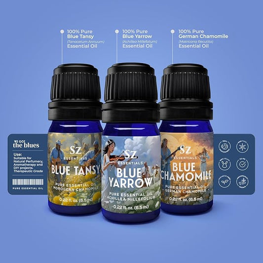 – “We Got The Blues” Essential Oils Set – Blue Tansy, Yarrow & German Chamomile – 3 x 6.5ml Bottles – 100% Pure, Natural, Undiluted – Therapeutic Grade & Vegan