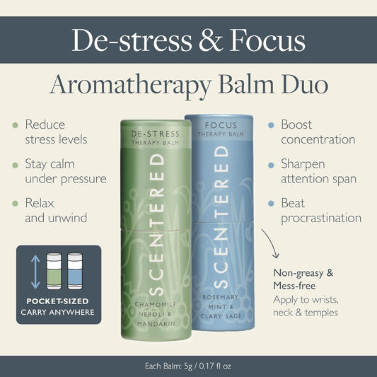 Scentered Aromatherapy Balm Stick Duo for Stress-Relief & Focus - Roll On Essential Oil Blends of Rosemary, Mint, Chamomile - Aromatherapy Gifts for Women - De-Stress & Focus