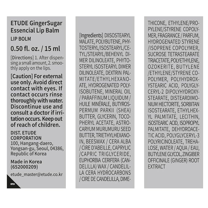 ETUDE Ginger Sugar Essential Lip Treatment 15ml | Gentle Korean Lip Skin Care| Smooth and Moist Lips| Natural Ingredients Nourish & Hydrate Ginger, Sugar, Shea Butter Give Moisturizing Relaxing Effect