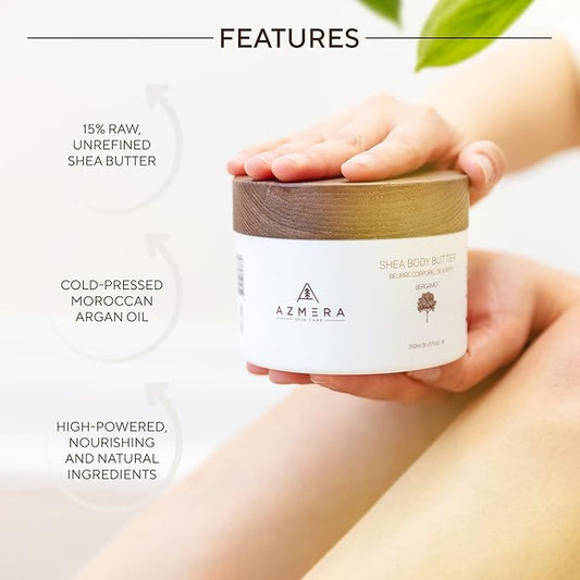 AZMERA Handcrafted Whipped Shea Body Butter – Luxurious Moisturizer for Dry, Sensitive Skin with Bergamot, Argan Oil & Vitamin E – Vegan, Non-Greasy Skincare – 8.82 oz