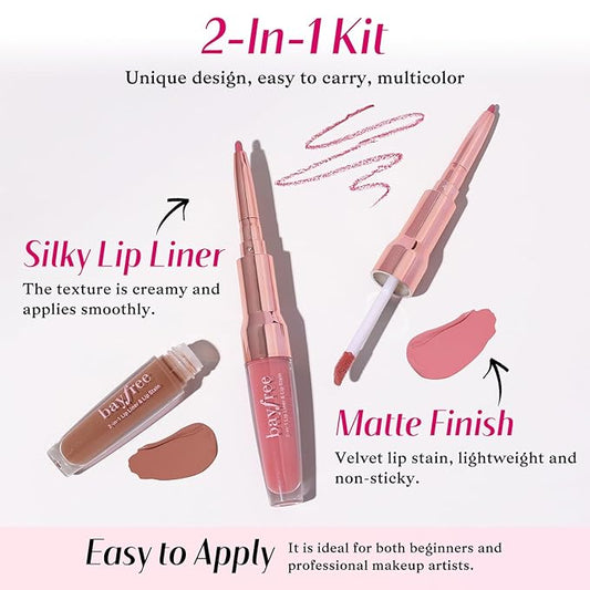 2 PCS Lip Liner and Lip Stain Combo Set, High Pigmented Long Lasting Velvet Lip Tint, Well-Defined Lipliner, Weightless Waterproof Not Animal Tested, Matte Finish Makeup