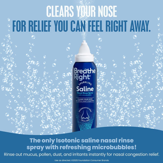 Breathe Right Sparkling Saline Nasal Rinse Spray – Effervescent, Drug-Free Relief from Stuffy Nose Due to Cold or Allergy – A Sparkling Sensation Only Bubbles Can Bring – 1 Can, 4.0 oz
