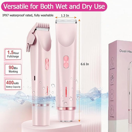 Bikini Trimmer for Women, Waterproof Bikini Shaver with Dual Head Design, Cordless Rechargeable Shaver for Women Private Area, Gentle Wet & Dry Hair Removal for Bikini Line & Underarms